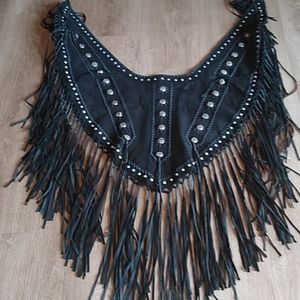 Black suede leather shawl with fringe.